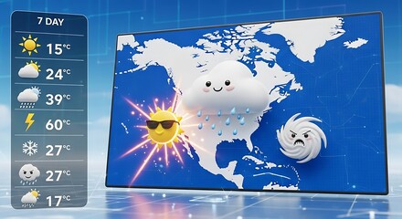 Cute Weather Map of North America with Forecast Icons and Temperatures.