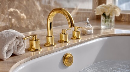Gold faucet and fixtures adorn a luxurious bathtub with a towel and floral arrangement