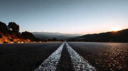 Asphalt highway stretches toward distant rolling hills during a clear sunset