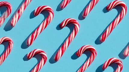 Obraz premium Minimalistic Christmas artwork. Christmas candies on a bright blue background. Flat lay. Space for writing your text. Minimalistic elements.