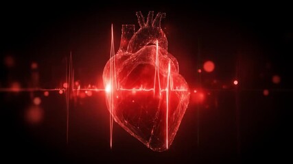 A glowing red digital heart pulses through dark space, tracing a neon-lit heartbeat line, in motion - Powered by Adobe