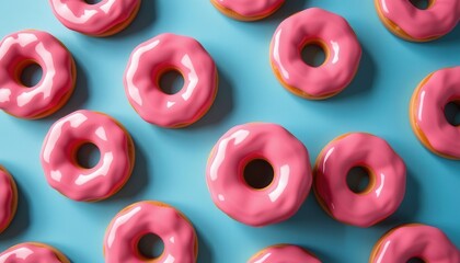 Fototapeta premium Colorful Pink Frosted Donuts with Glossy Finish Over Bright Blue Background for Sweet Treats and Desserts
