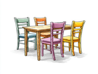 Fototapeta premium Colorful wooden kitchen chair set around rustic dining table with watercolor texture and warm cozy mood