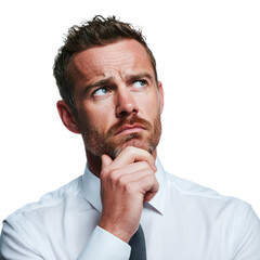 Pensive businessman concentrates hard looking up while hand rests on chin pondering a business decision or solution on an isolated transparent background.