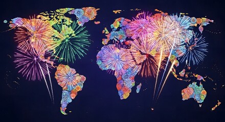 A golden clock face displays midnight, celebrating the new year with fireworks.