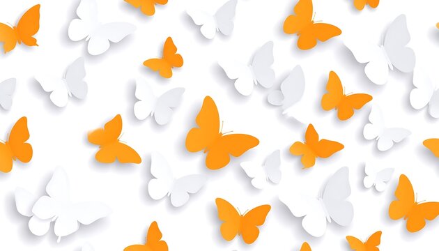 A vibrant seamless pattern featuring orange and white butterfly cutouts floating on a white background