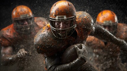 Athletes covered in thick mud intensely compete in a dark, dramatic sports setting