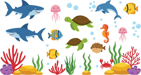 Colorful underwater marine life illustration, sharks dolphins turtles jellyfish seahorse pufferfish crab tropical fish coral reef seaweed bubbles ocean