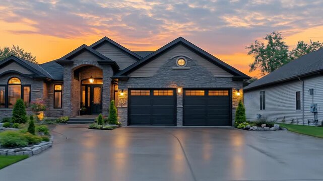 Elegant stone-clad residence illuminated by soft twilight, with manicured lawns and warm interior lights