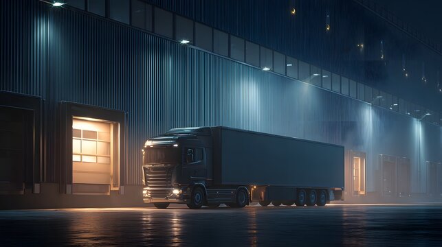 Large commercial transport vehicle awaits loading or unloading at an industrial dock bay during the night