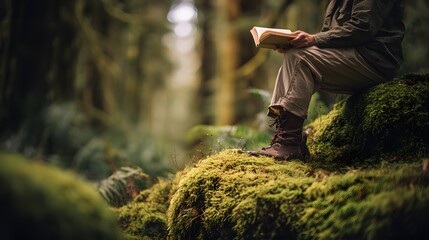 Person sits engrossed in reading material on a moss covered rock within a dense woodland environment