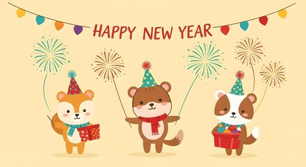 A golden clock face displays midnight, celebrating the new year with fireworks.