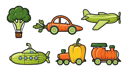 Obraz premium High-Quality Black Outline Colorful Art of Vehicles Made from Vegetables, Creative Pictogram Icons on White Background