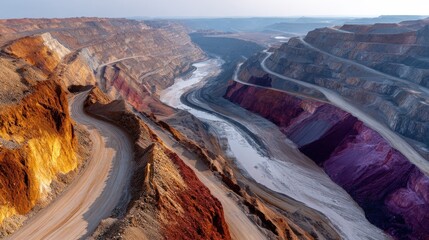 Aerial view of a massive open pit mine with tiered terraces of colorful rock
