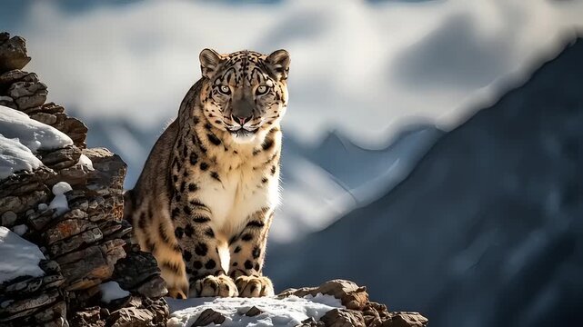 A majestic snow leopard stands proudly on a snowy mountain peak, its piercing gaze reflecting the untamed beauty of its alpine wilderness habitat