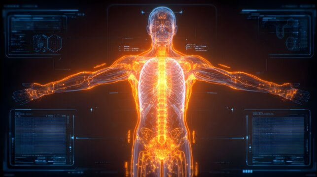 Digital projection displays an anatomical study of the human form with glowing internal structures