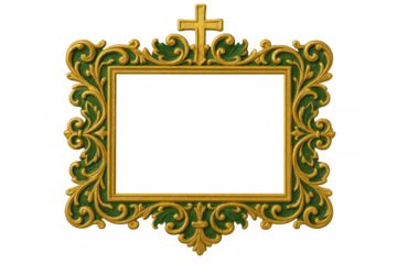 Ornate gold and green frame featuring religious cross, empty space for image, transparent background