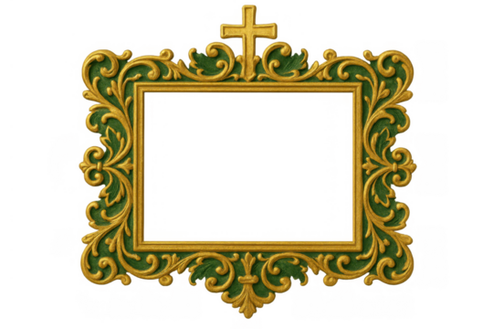 Ornate gold and green frame featuring religious cross, empty space for image, transparent background