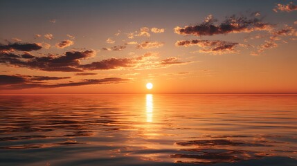 Obraz premium Brilliant sun dips below the horizon casting warm light across calm ocean waters under a cloudy sky