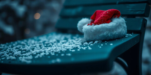 Festive Santa hat resting on a snow-covered bench creating a magical Christmas scene, perfect for holiday greeting cards or seasonal promotions
