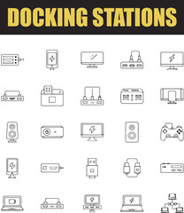 Modern Docking Station and Peripheral Connection Line Icons for Tech UI Design.