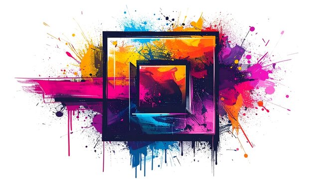 A vibrant abstract composition features nested black squares surrounded by exploding paint splatters in various colors