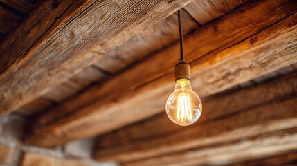 Incandescent light source illuminates rustic overhead wooden beams in dimly lit space