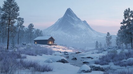 Winter landscape with snow-covered cabin, trees, river, and a towering mountain
