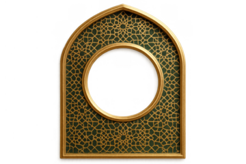 Ornate islamic arch frame with gold geometric pattern on green, transparent background for design