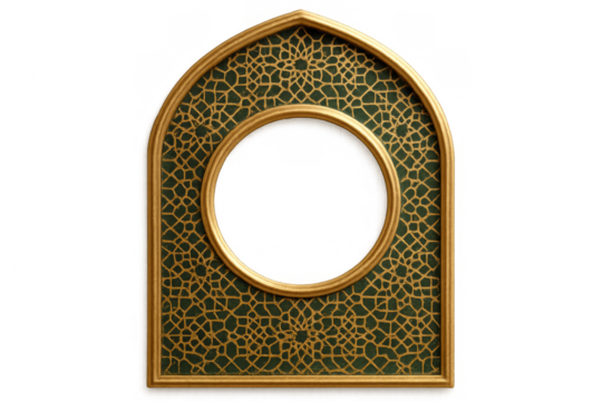Ornate islamic arch frame with gold geometric pattern on green, transparent background for design