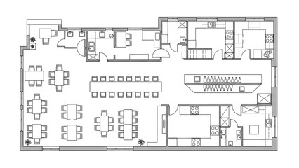 High Quality Black Line Art of Restaurant Floor Plan with Dining Tables, Bar Area, Kitchen, and Entrances