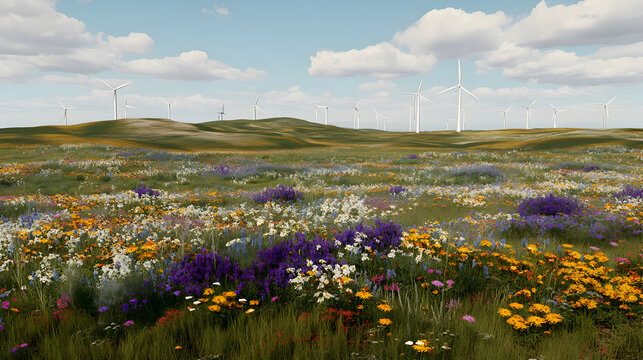 Isolated against a clear backdrop are wind turbines and grassy hill vegetation. The idea of natural energy