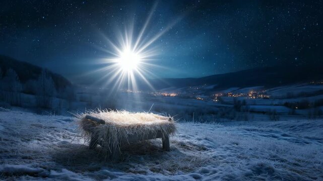 Empty manger filled with straw rests on frosty ground under a shining star, with distant lights of a quiet village glowing in the background.