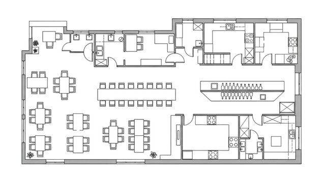 High Quality Black Line Art of Restaurant Floor Plan with Dining Tables, Bar Area, Kitchen, and Entrances - Powered by Adobe