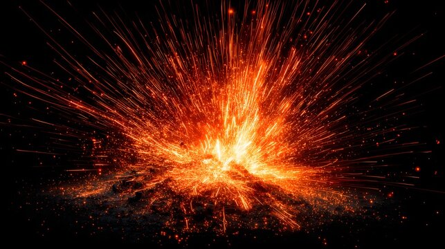Intense burst of glowing orange sparks radiates outward against a dark background
