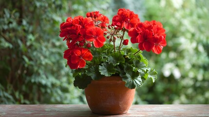Vibrant red potted flowering plant sits upon a wooden surface with a green natural background
