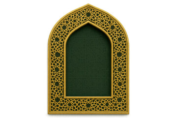 Islamic arch frame with intricate gold pattern and green inner space, facing front, transparent background