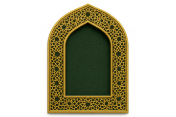 Islamic arch frame with intricate gold pattern and green inner space, facing front, transparent background