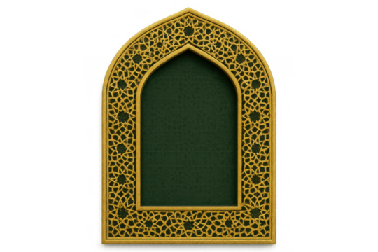 Islamic arch frame with intricate gold pattern and green inner space, facing front, transparent background - Powered by Adobe