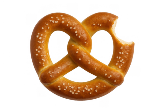 Pretzel with a bite, traditional baked snack of bavaria, german cuisine, salty street food broken, transparent background