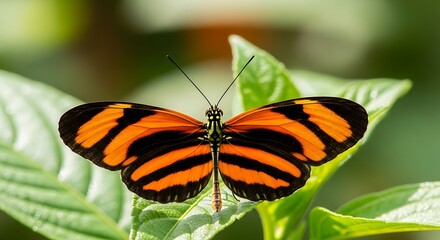 Obraz premium Close-up of a vibrant orange and black striped butterfly resting on a green leaf.