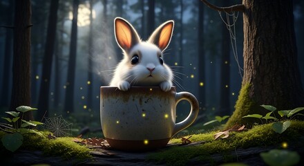 Enchanting Forest Scene - Bunny in a Mug Surrounded by Fireflies.
