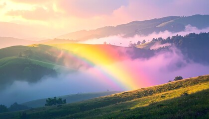 Obraz premium Vibrant Rainbow Arches Over Misty Green Hills at Sunset.