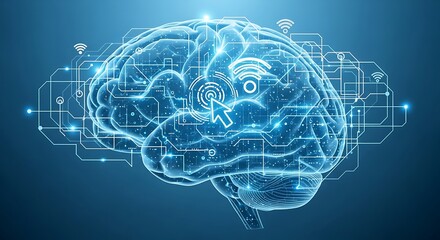 A digital illustration of a brain illuminated with glowing blue circuits and connections, symbolizing artificial intelligence, technology, and the power of the human mind