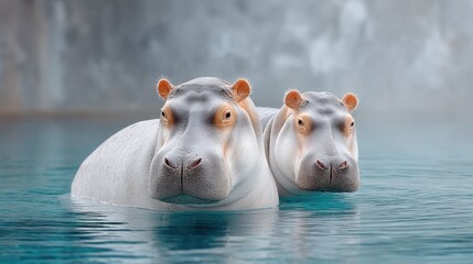 Fototapeta premium Two Pixellated Hippopotamuses Submerged in Calm Blue Water with Softly Blurred Background