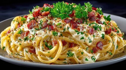 A plate of spaghetti carbonara topped with bacon, parsley, and creamy sauce