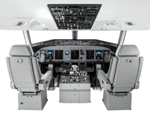 Inside airplane cockpit showing instrument panel, seats, and windows with white surroundings