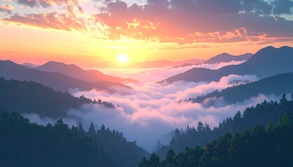Fototapeta premium Vibrant Sunrise Over Misty Mountain Valley with Colorful Sky.