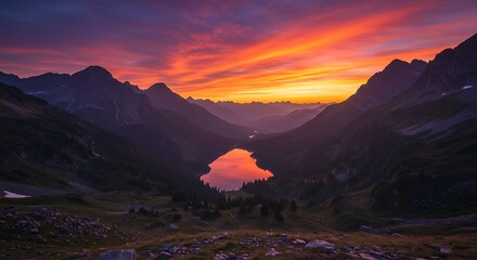 Fiery Sunset Over Mountain Lake - A Breathtaking Landscape.