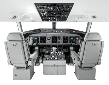 Inside airplane cockpit showing instrument panel, seats, and windows with white surroundings